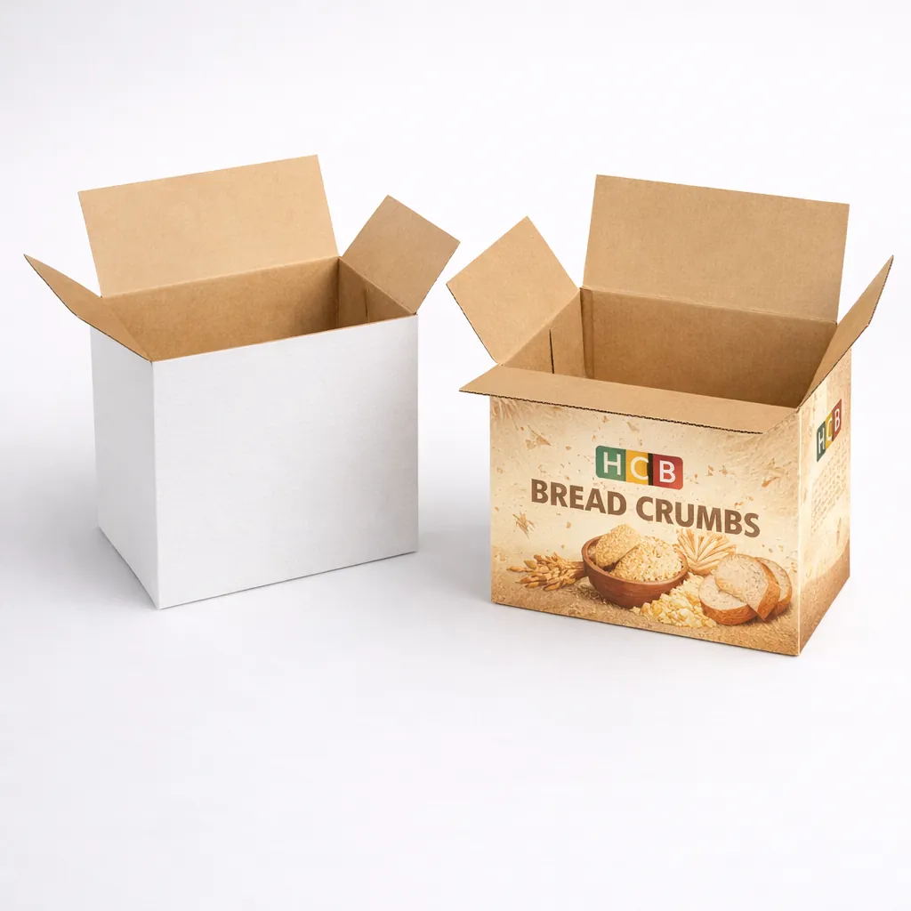 Two open corrugated cardboard shipping cartons, one plain white and the other featuring full-colour breadcrumb imagery. class=